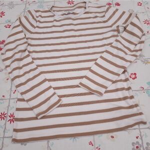 Ann Taylor S White Brown Striped LngSlv Round Neck Women's Top